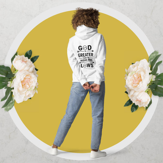A person from behind wears a white hoodie with "God is Greater Than the Highs and Lows" text.