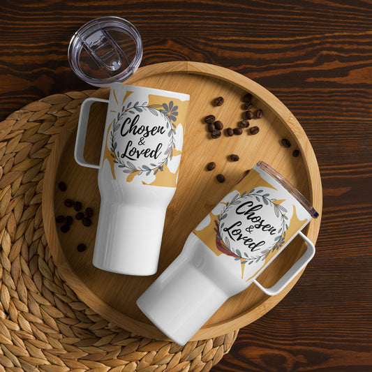 Two white travel mugs with handles and lids, featuring a "Chosen & Loved" design.